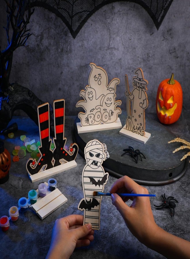 Vertintong 24 Sets Halloween Crafts for Kids Color Your Own Painting Halloween Decoration DIY Wooden Coloring Tabletop Decor Rustic Wood Arts Crafts for Party Favor Supplies Home Classroom Activities - Image 3